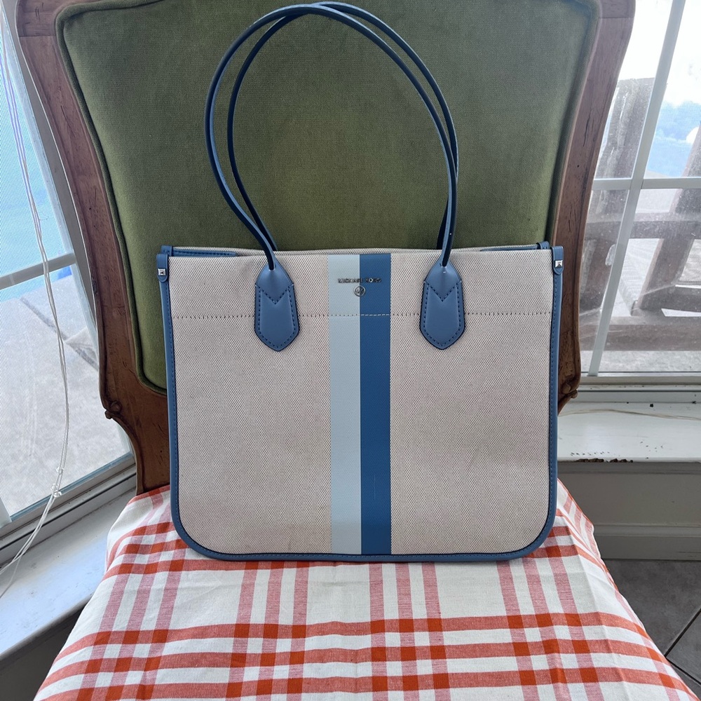 Michael Kors canvas light and med blue stripe. Large bag- could carry lap top